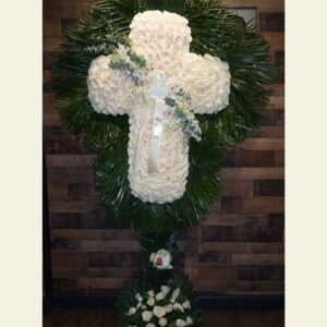 CR0110: White rose cross with orchid break and palm leaf
