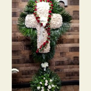 CR0120: White Rose Cross with red rosary and palm leaf