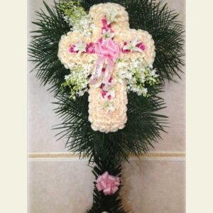 CR0150: White Rose cross with pink inner cross and orchids with palm leaf