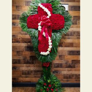 CR0250: Red rose cross with white swirl and palm leaf