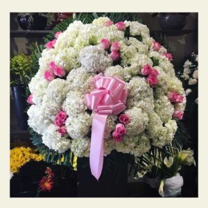 EB0860: White hydrangea and pink rose elegant basket