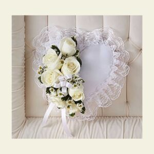 P0110: Satin Heart Pillow with White Flowers