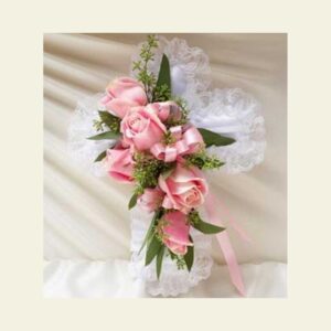 P0120: Satin Cross Pillow with Pink Flowers