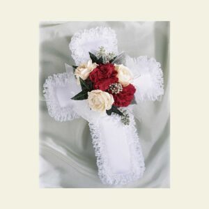 P0200: Satin Cross Pillow with Red and White Flowers