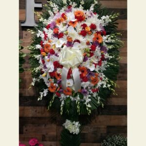 S2020: Orange, red, purple and white spray with orchids