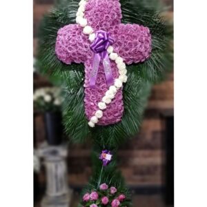 CR1200: Purple Rose Cross with White Swirl and Palm Leaf